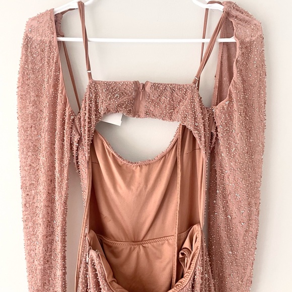 Oh Polly Champel Embellished Cowl Neck Long Sleeve Maxi Dress in Nude - Picture 9 of 11